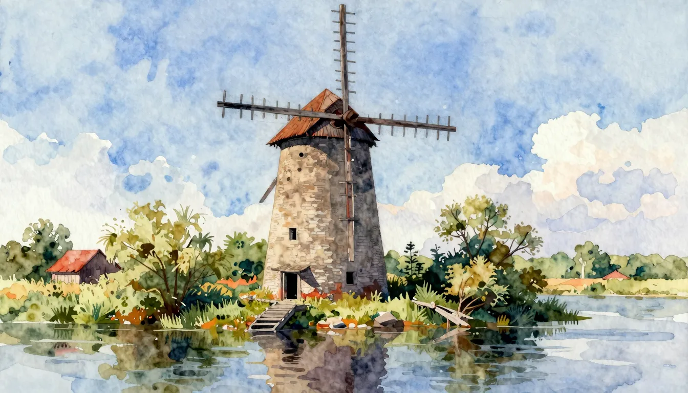 Vibrant watercolor style. Заброшенная мельница Стояла над ре...