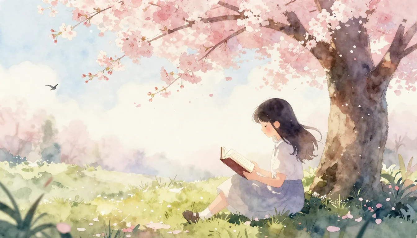 Watercolor style. A gentle silhouette of a girl reading a bo...