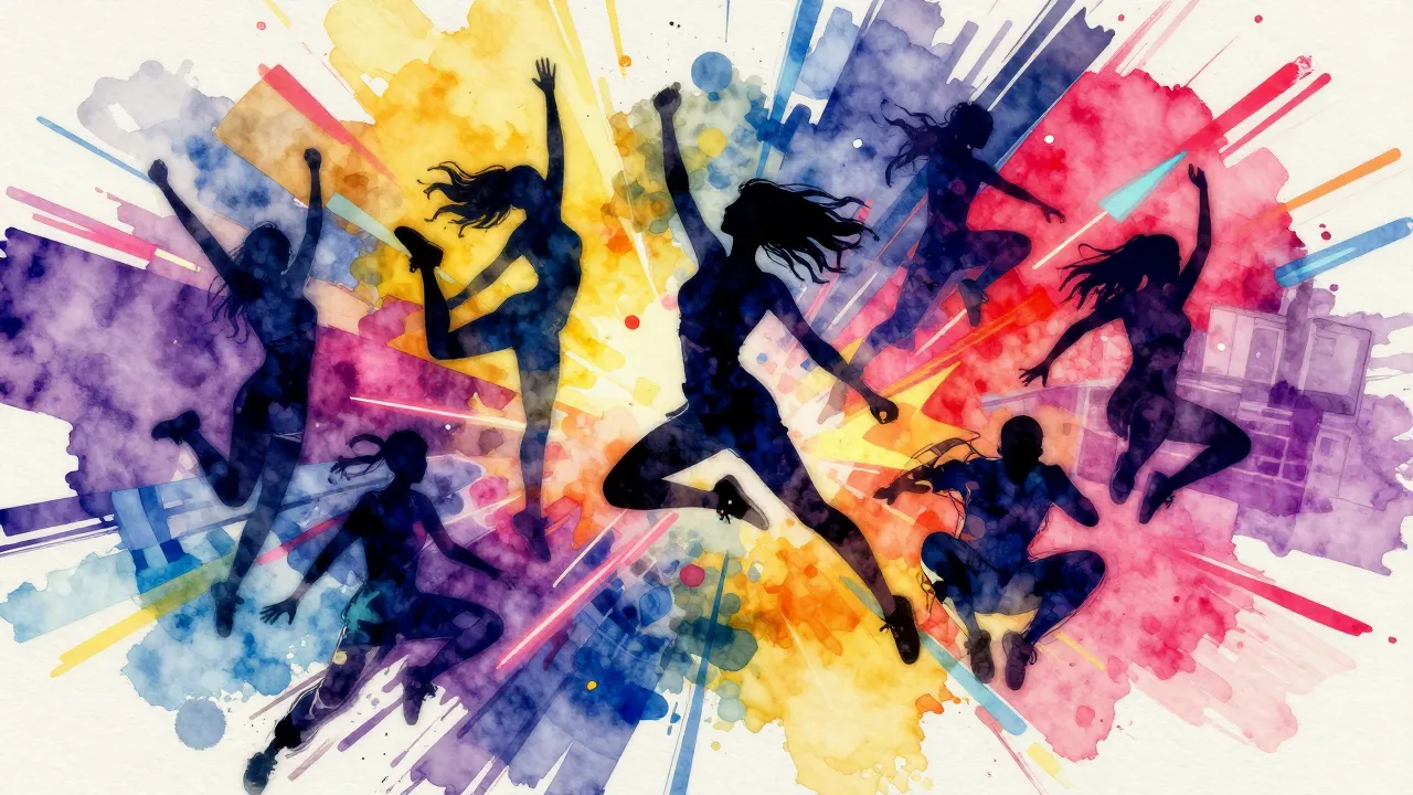 Vibrant watercolor style. Dynamic hip-hop album cover, abstr...