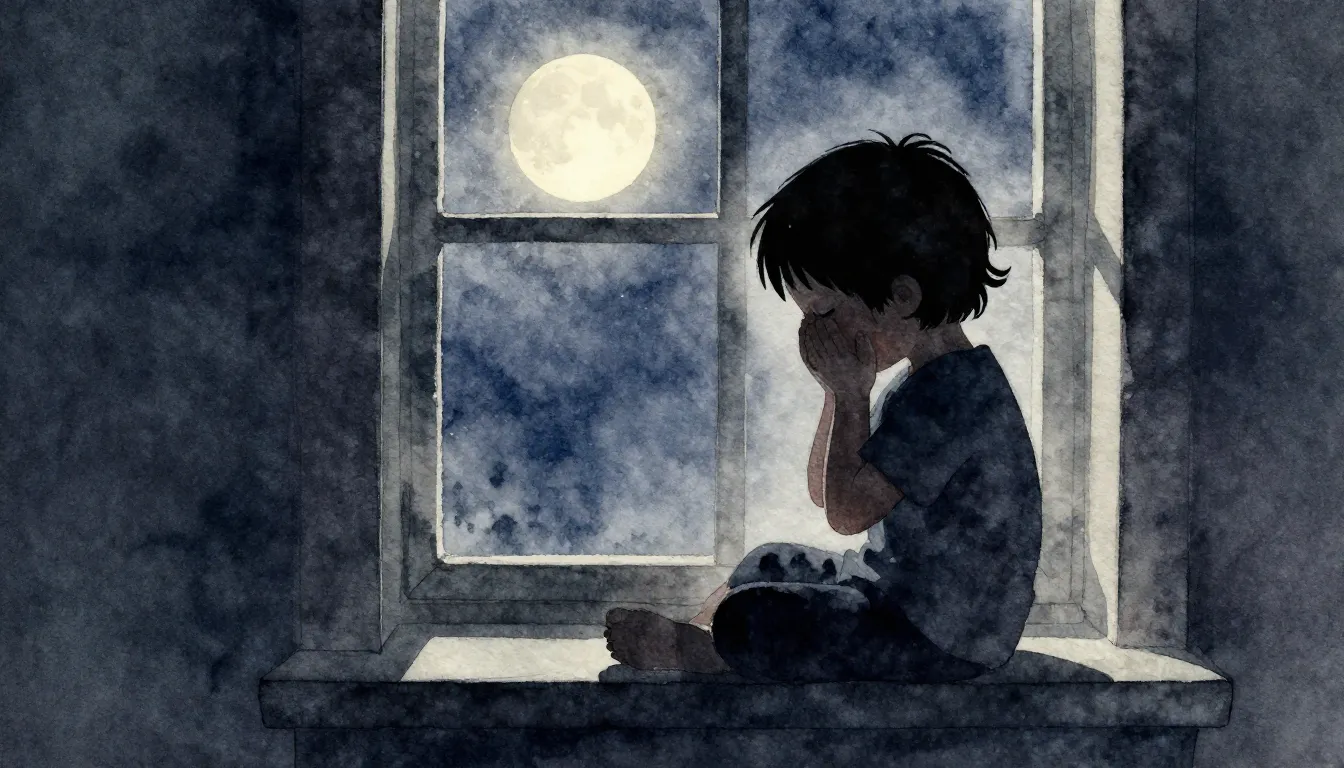 Watercolor style. Silhouette of a small child sitting by a w...