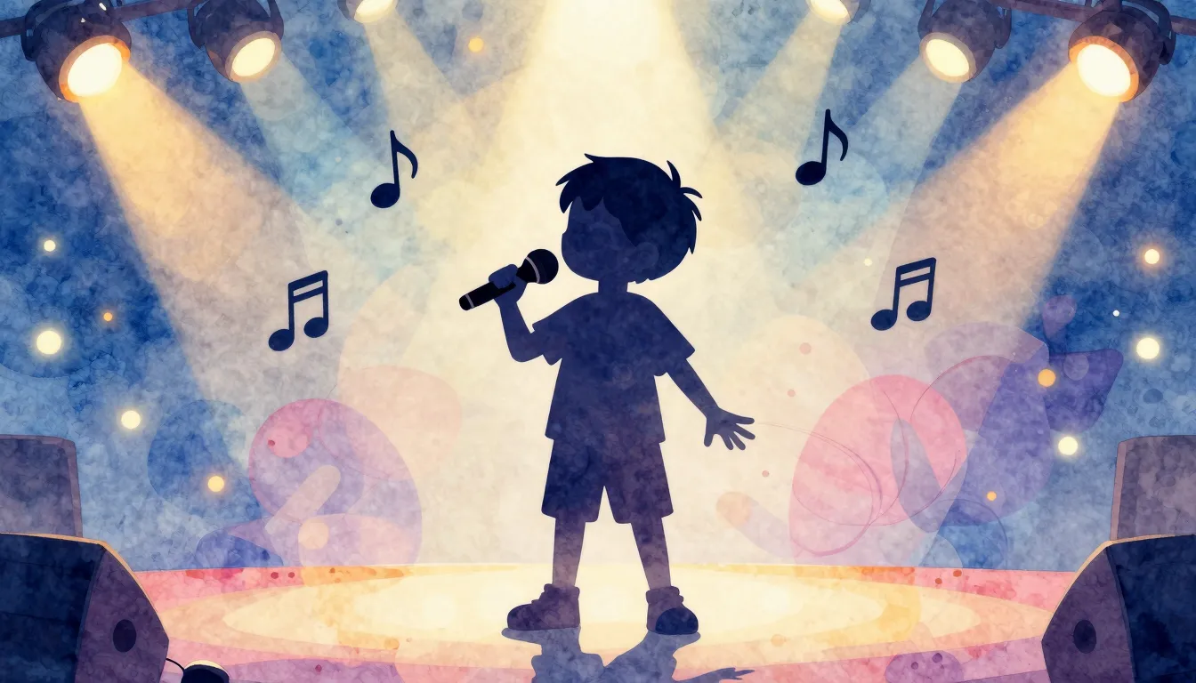 Watercolor style. A bright silhouette of a child holding a m...