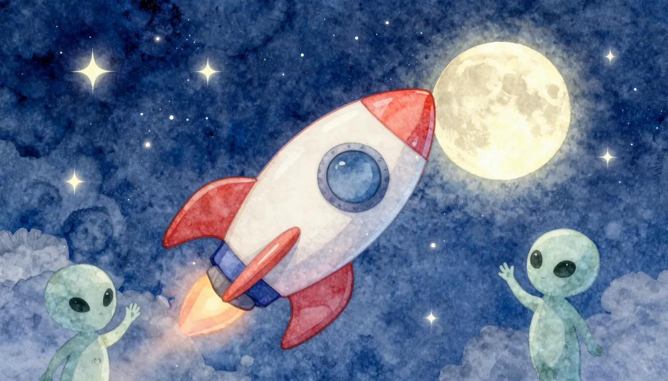 Watercolor style. A cute rocket flying to a glowing moon in ...