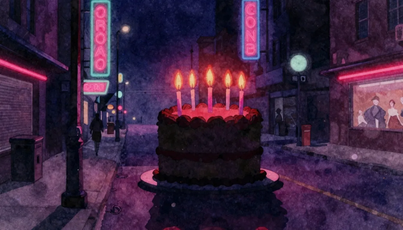 Watercolor style. Dark urban street at night, neon lights, s...