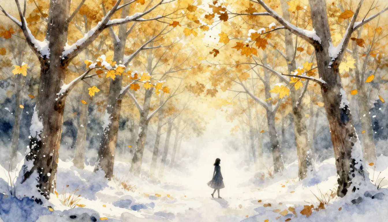 Watercolor style. A surreal landscape where snowy winter tre...