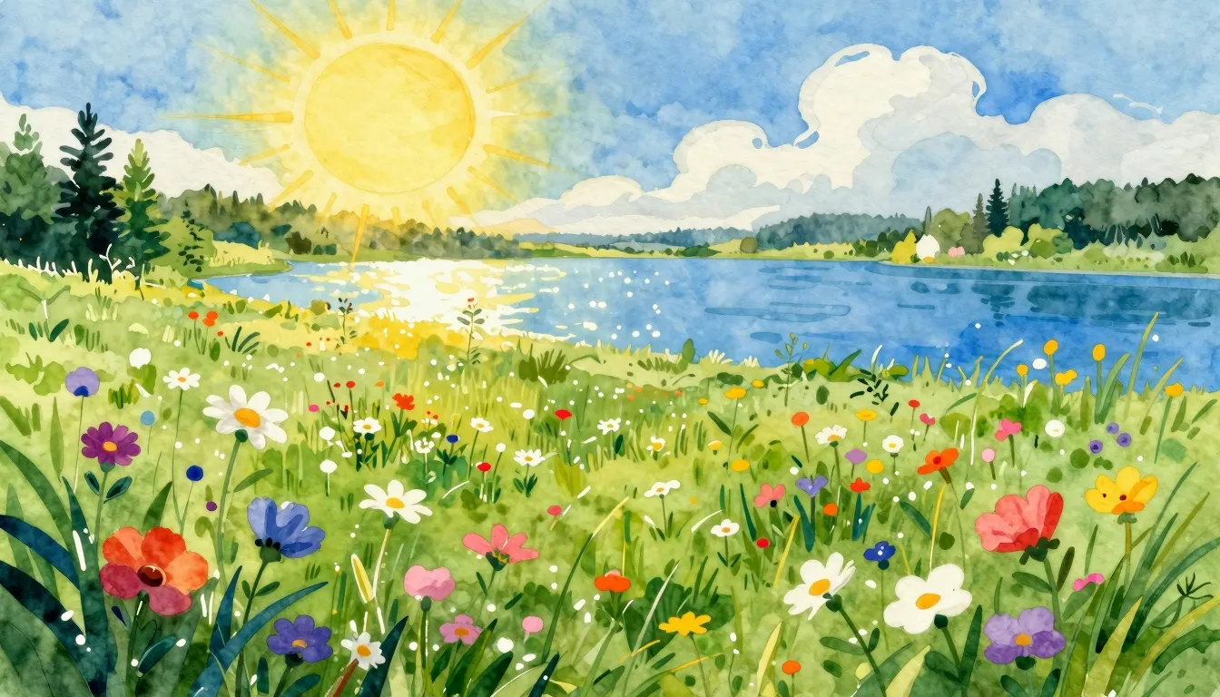 Vibrant watercolor style. A vibrant summer scene in a lush g...