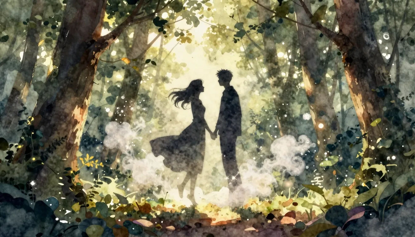 Watercolor style. Silhouette of a couple in a sunlit forest,...