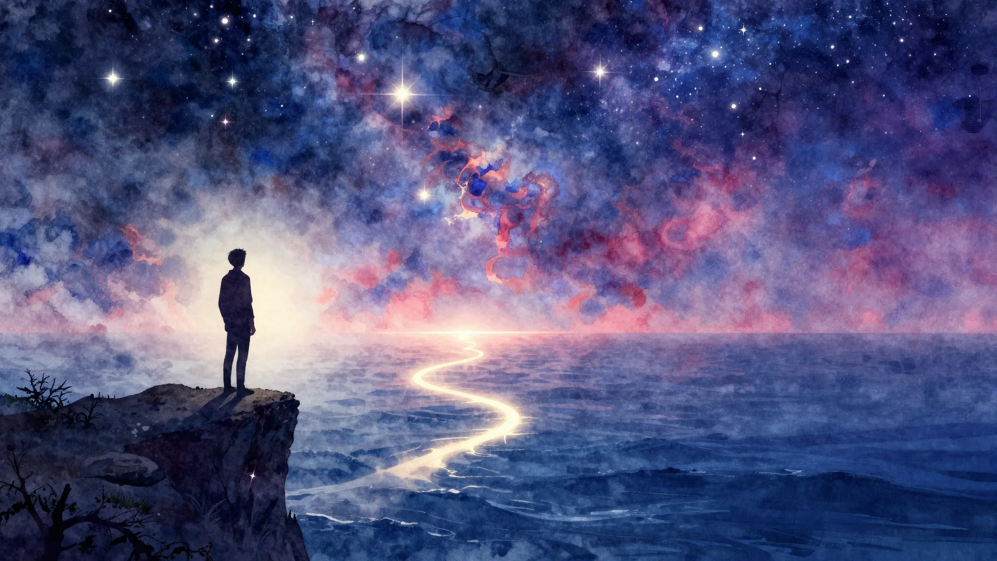 Vibrant watercolor style. A silhouette of a person standing ...