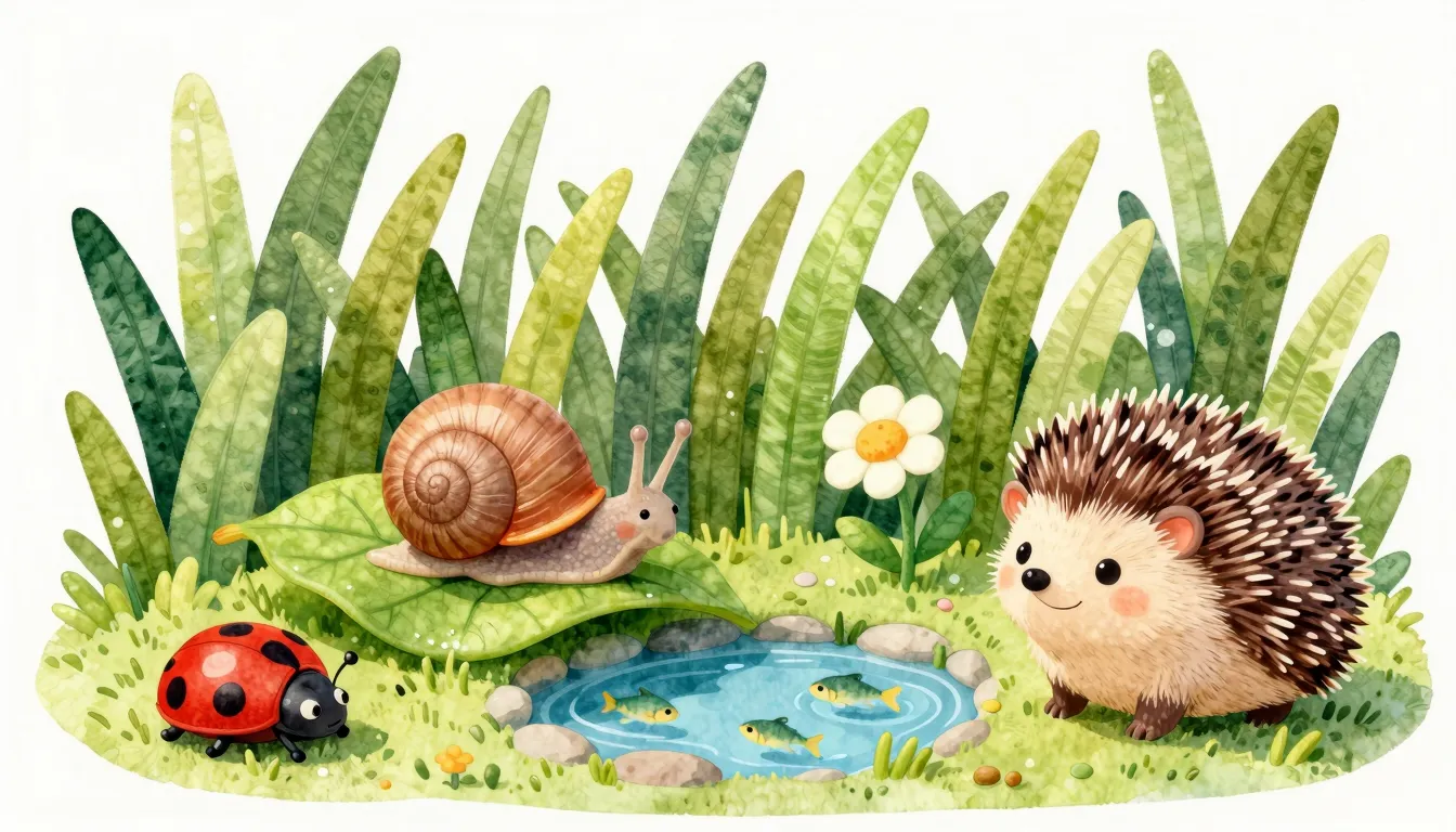 Watercolor style. A magical miniature world with giant grass...
