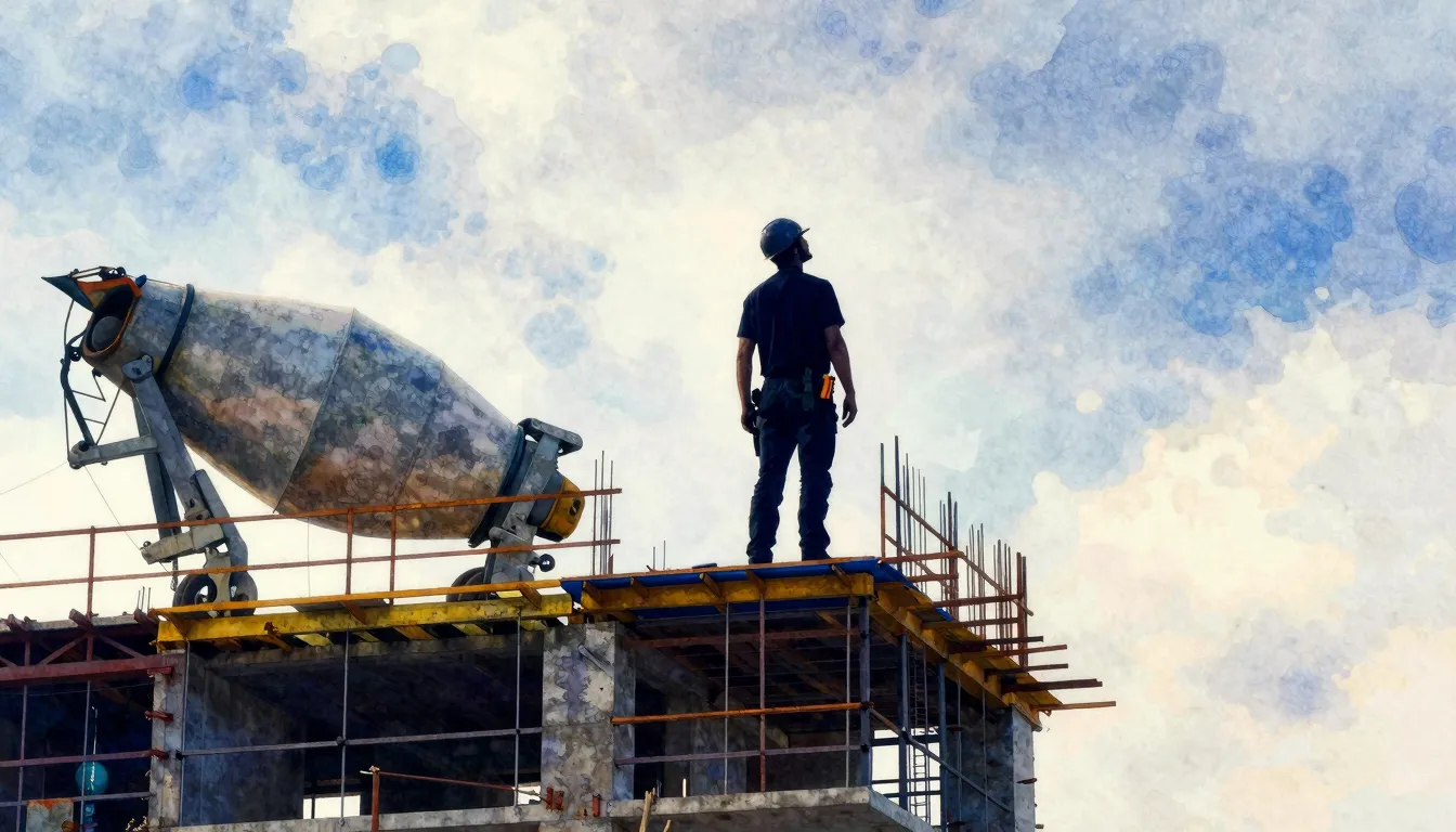 Vibrant watercolor style. A silhouette of a construction wor...