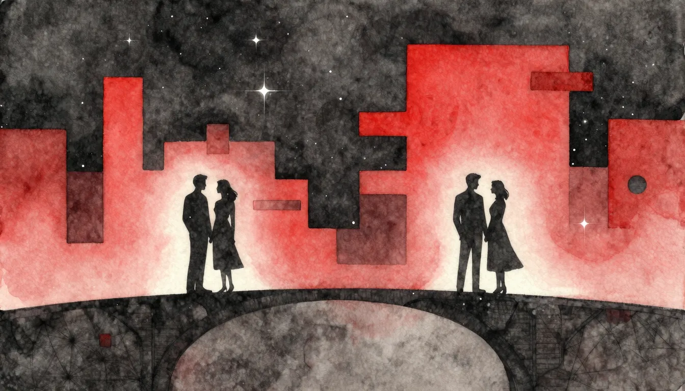 Watercolor style. A silhouette of a couple standing on oppos...