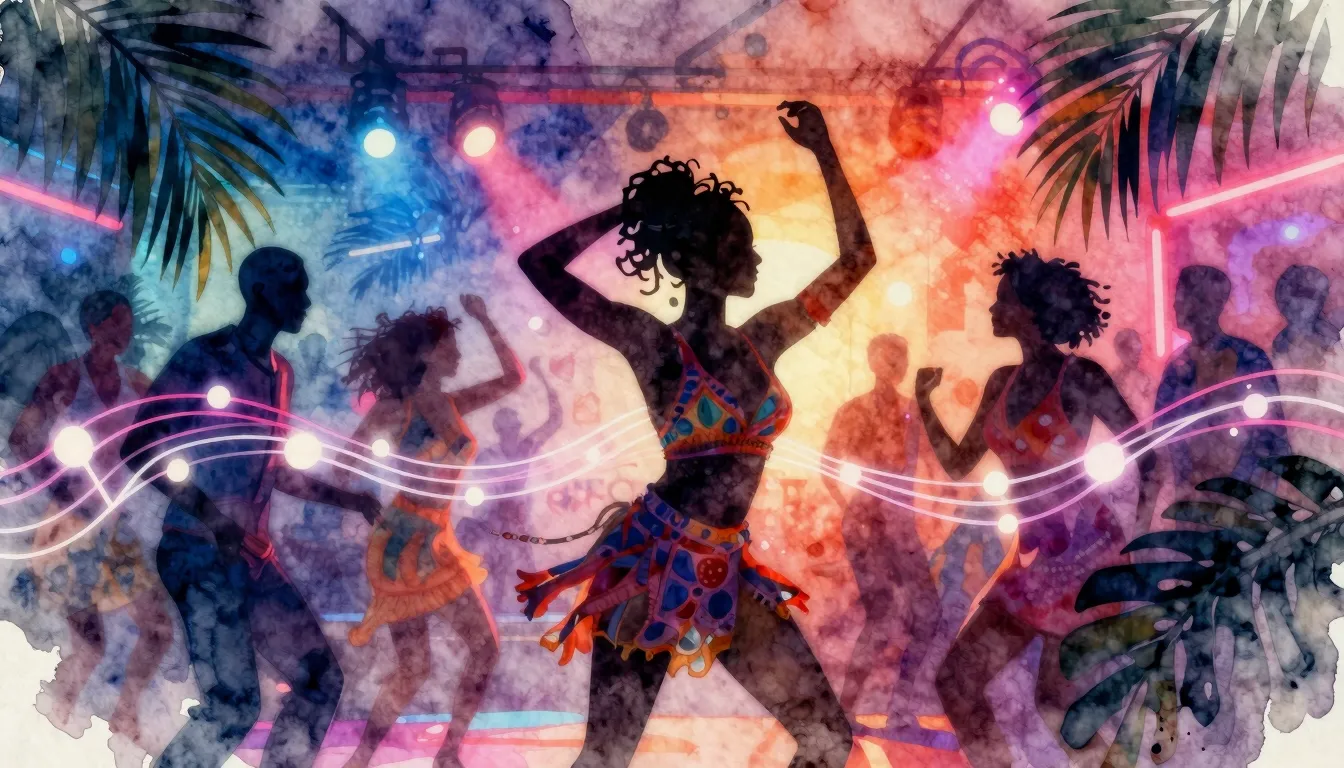 Vibrant watercolor style. Vibrant Afro-Cuban party scene, si...