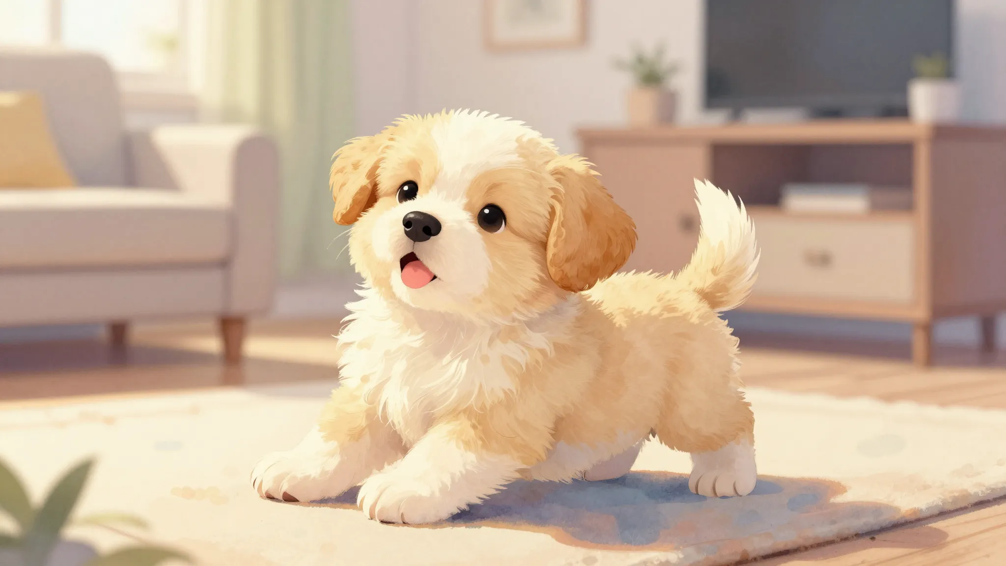 Vibrant watercolor style. A cute, fluffy puppy stretching it...