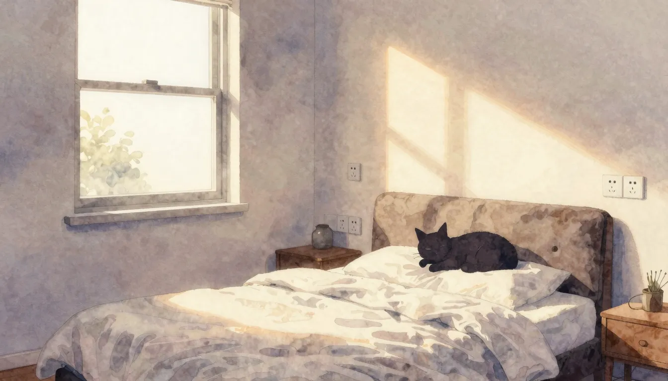 Watercolor style. A cozy bedroom interior with a bed, a wind...