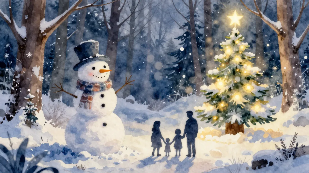 Watercolor style. A cozy winter scene with a snowman, a silh...