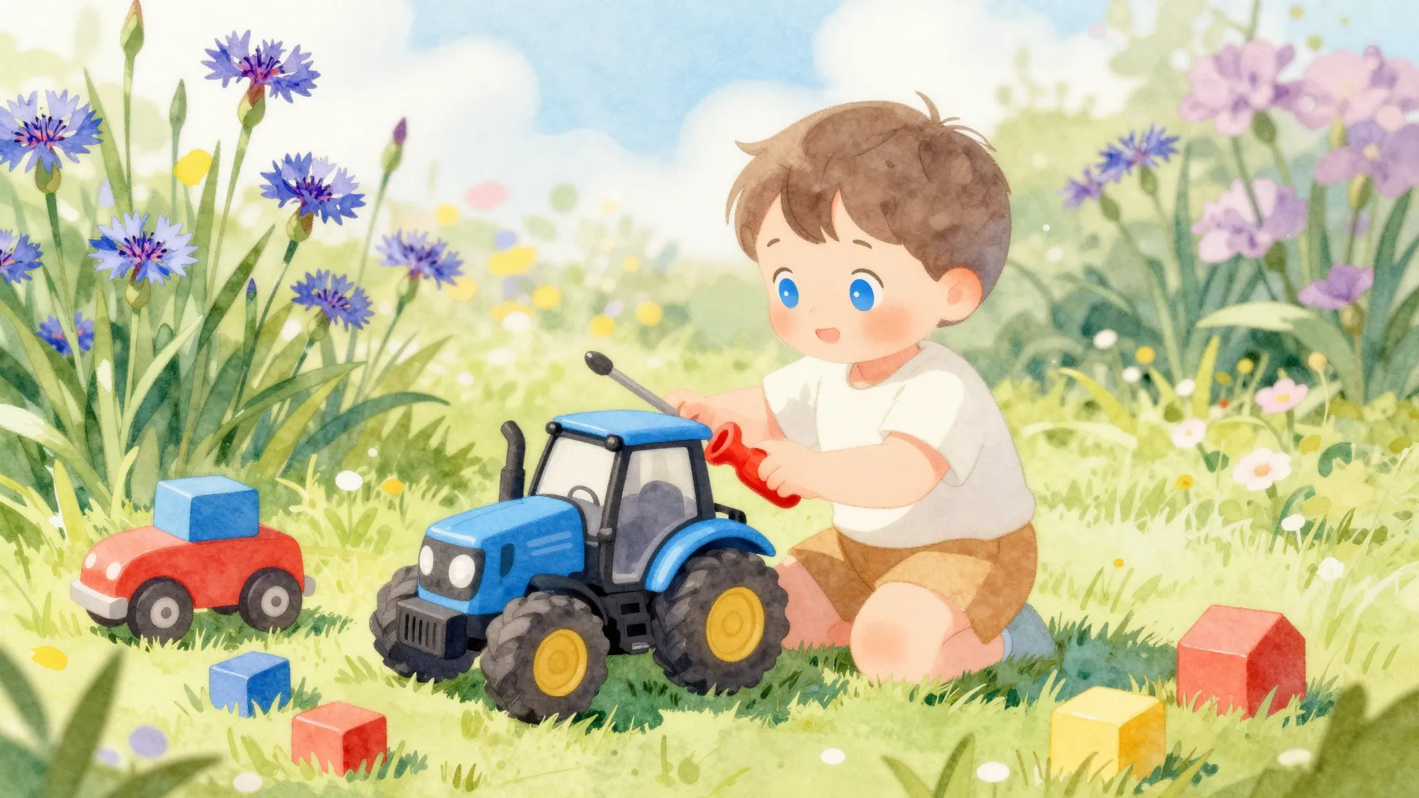 Vibrant watercolor style. A cute blue-eyed toddler silhouett...