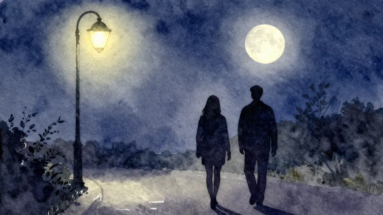 Watercolor style. A silhouette of two figures walking under ...