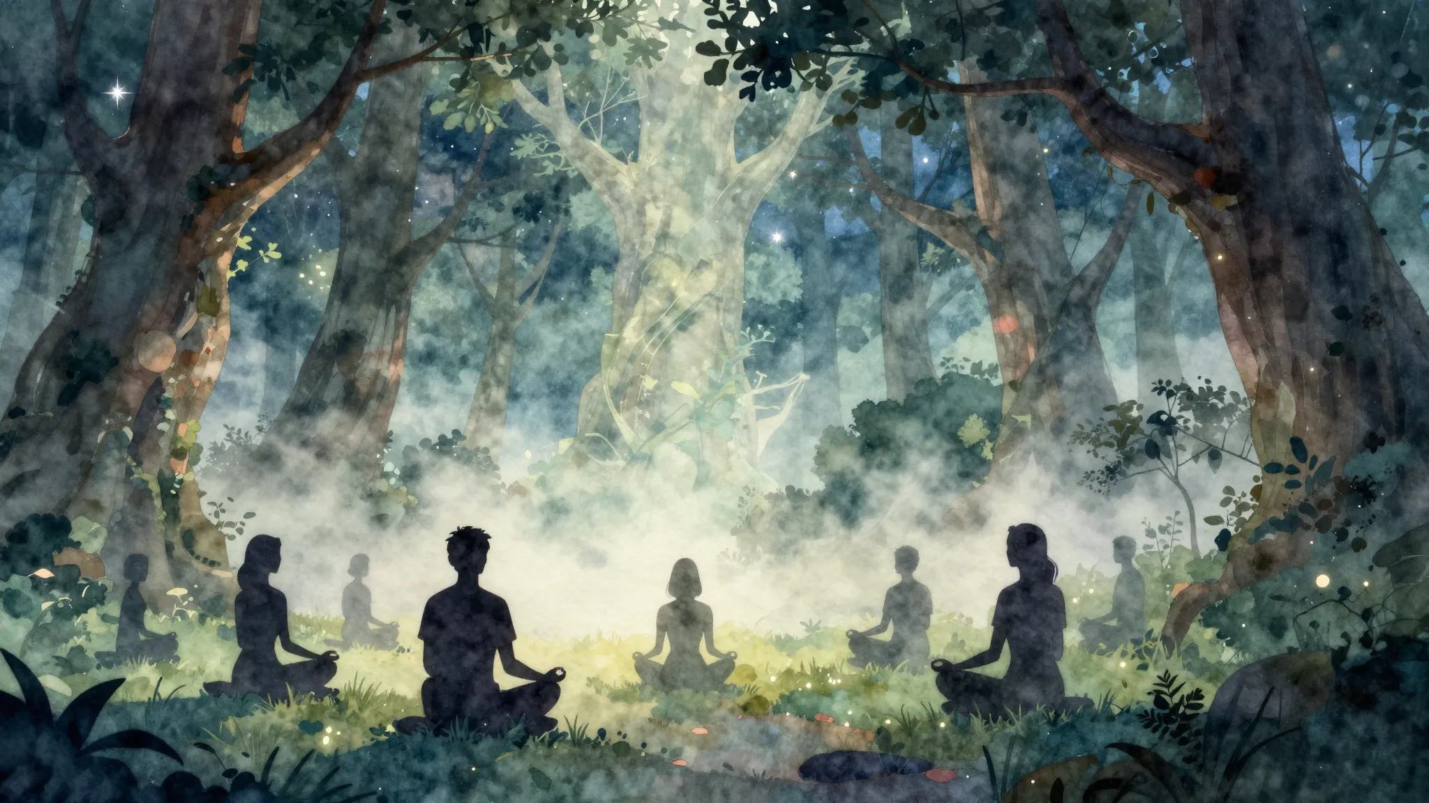 Watercolor style. Silhouette of a group of people meditating...