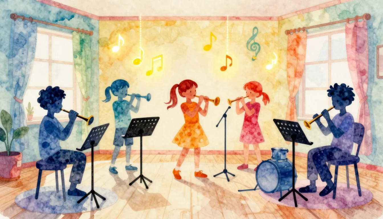 Watercolor style. A bright colorful music room with silhouet...