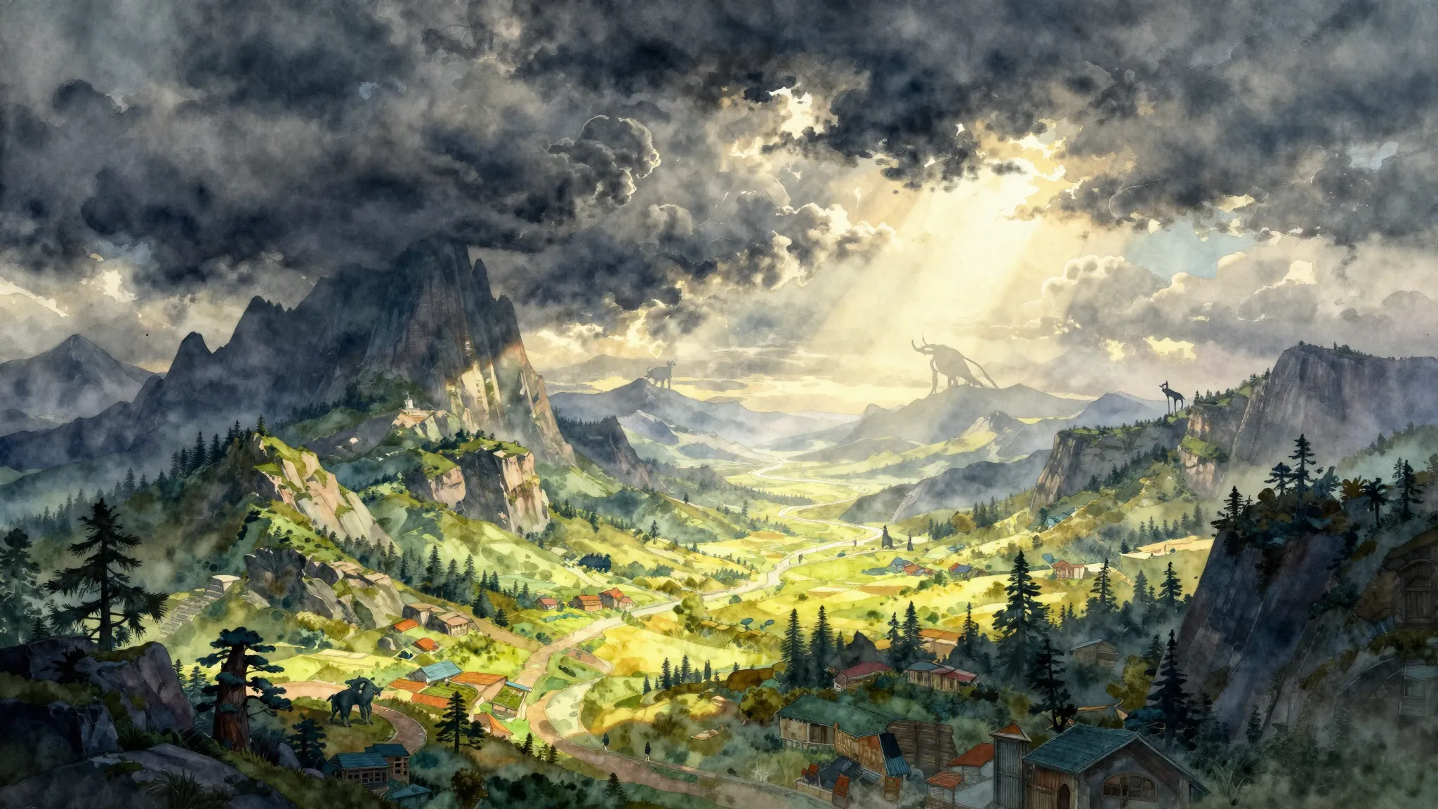 Watercolor style. A majestic fantasy continent landscape, da...