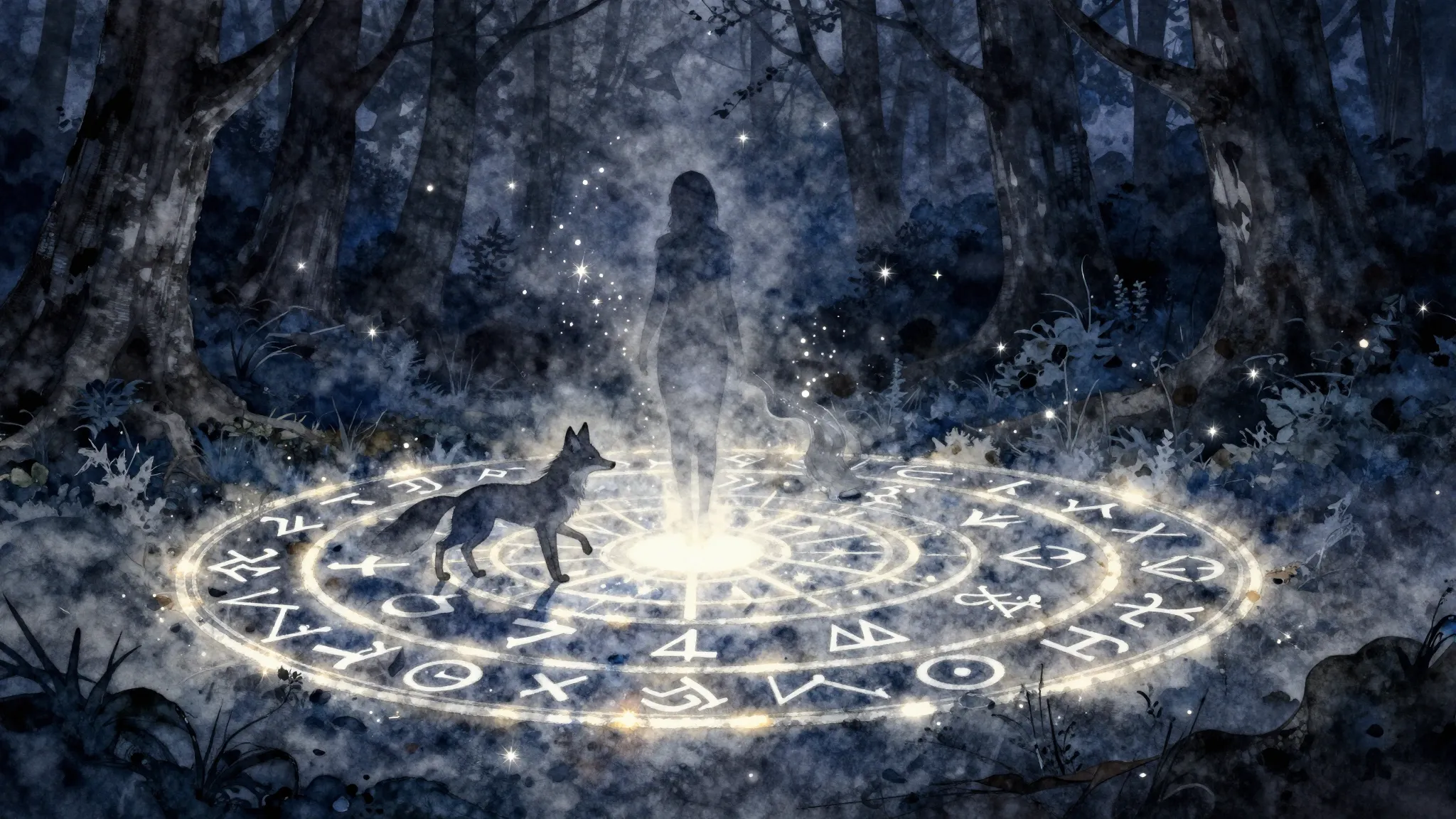 Watercolor style. A mystical forest at midnight, a glowing c...