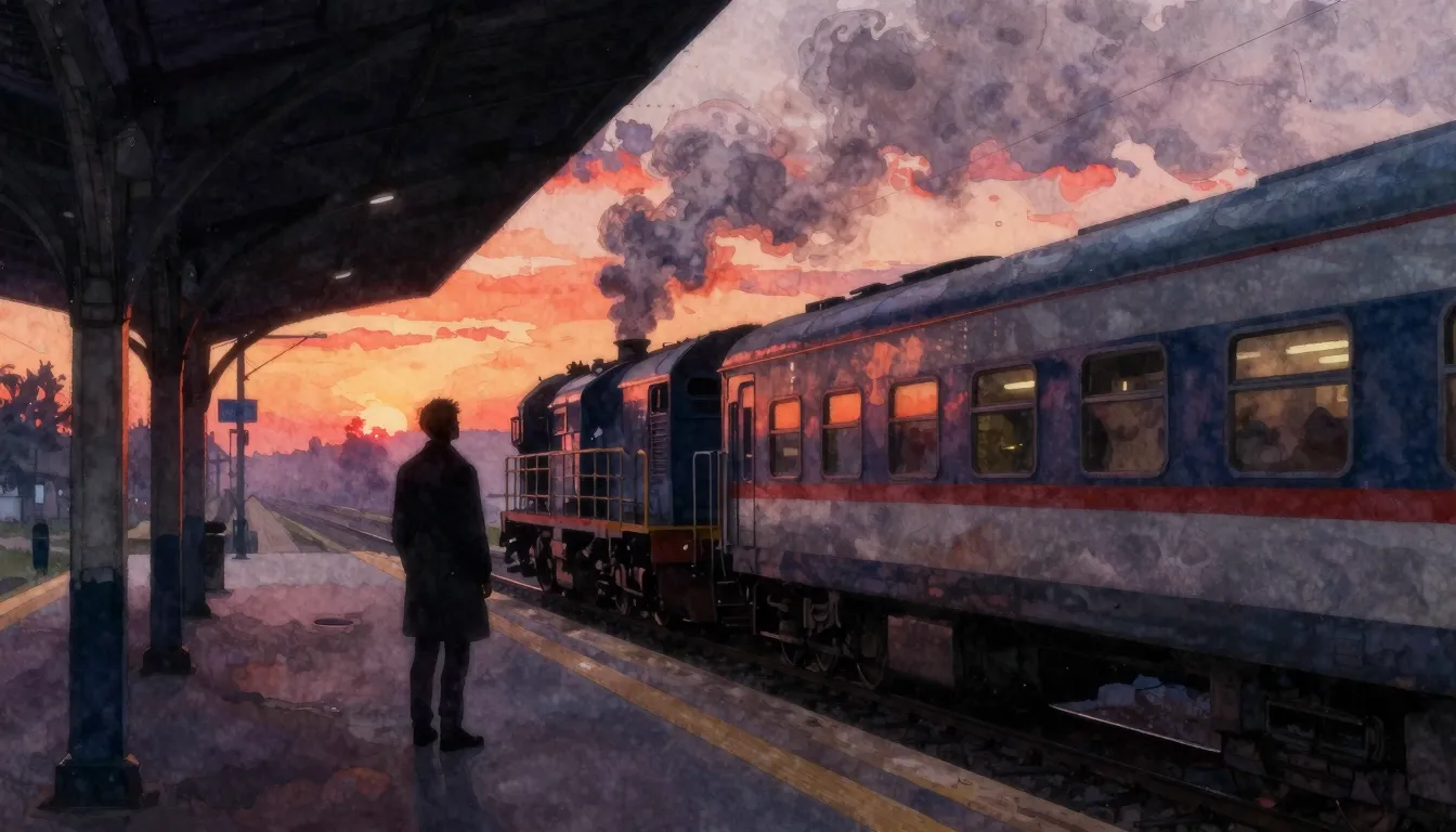 Vibrant watercolor style. A lonely silhouette of a man stand...