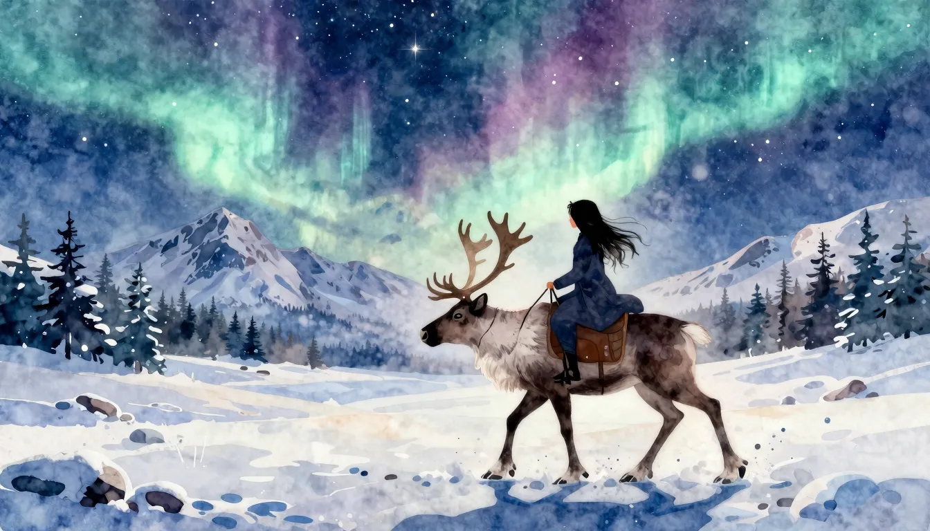 Watercolor style. Silhouette of a girl riding a reindeer thr...