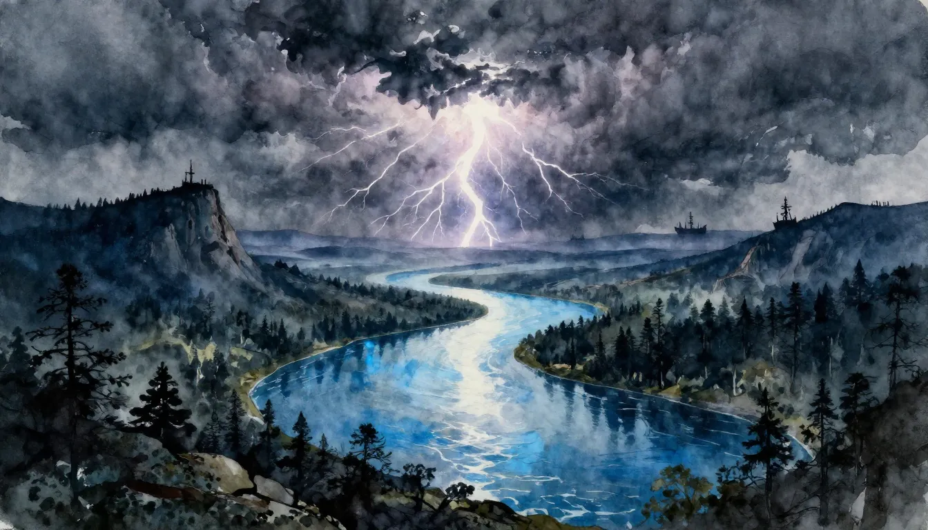 Watercolor style. Epic fantasy landscape, wide river flowing...