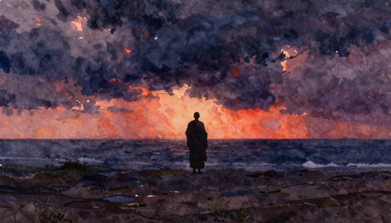 Vibrant watercolor style. A lonely silhouette of a monk stan...