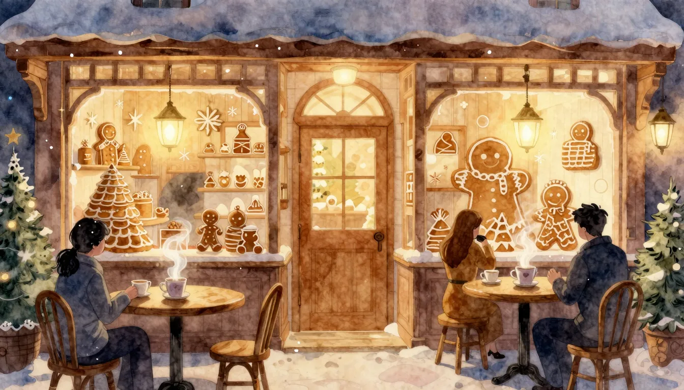 Watercolor style. Cozy gingerbread shop interior, warm light...