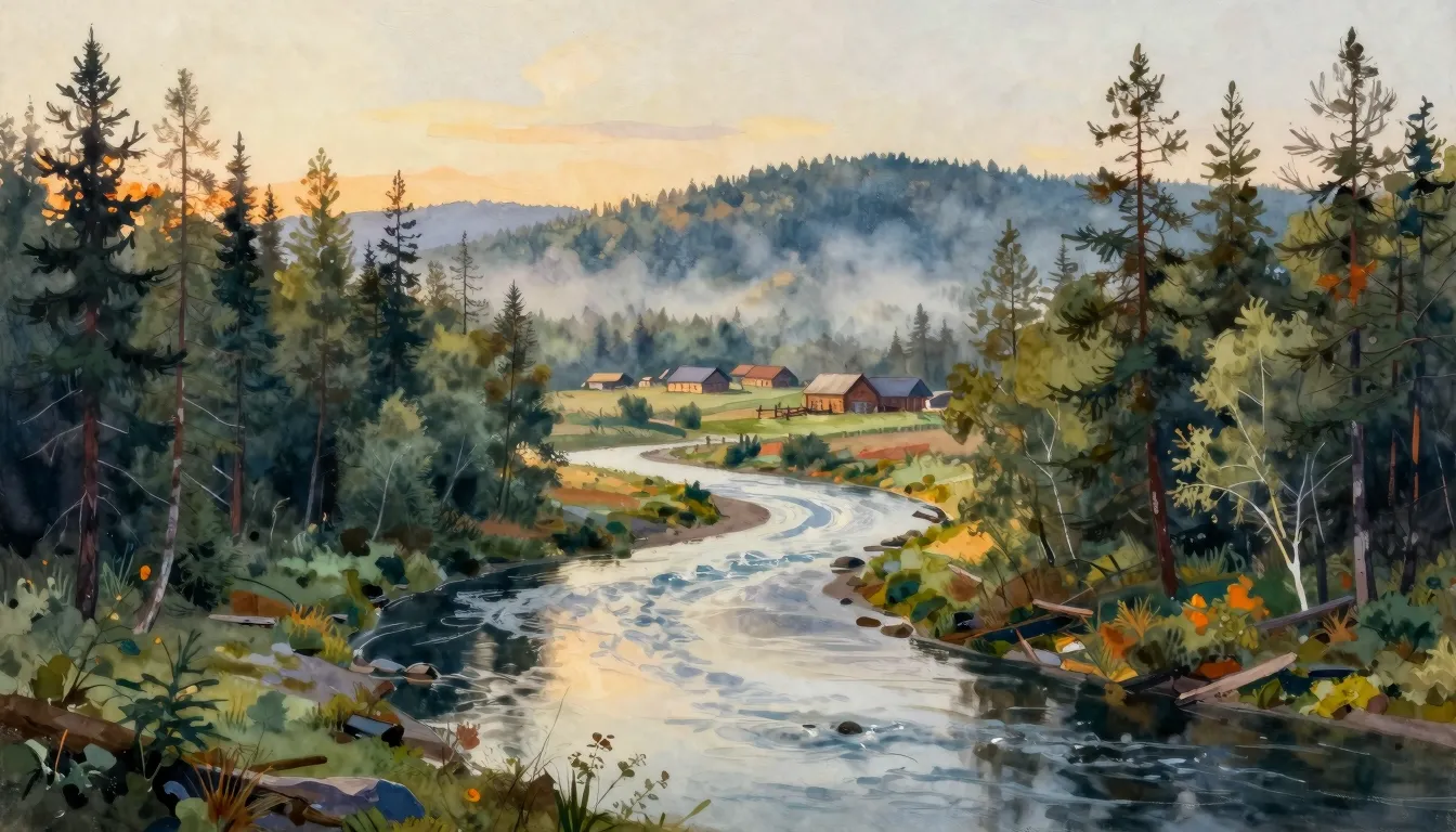 Vibrant watercolor style. A nostalgic, cinematic landscape o...