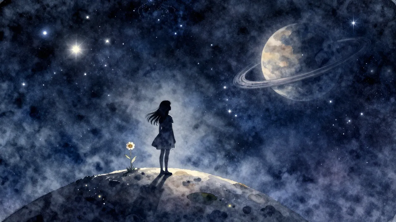 Watercolor style. Silhouette of a girl standing on a small p...