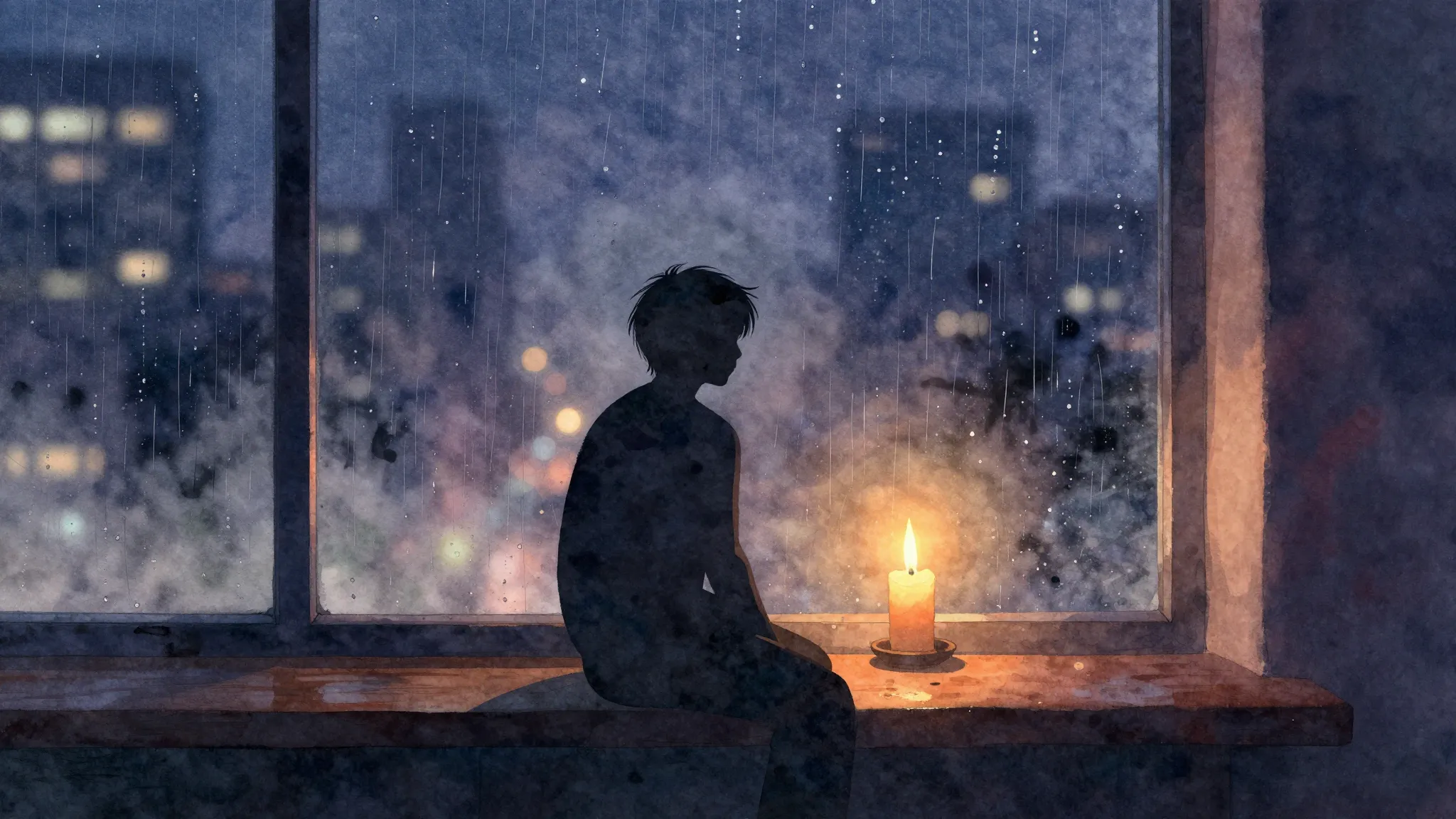 Vibrant watercolor style. A lonely silhouette sitting by a w...