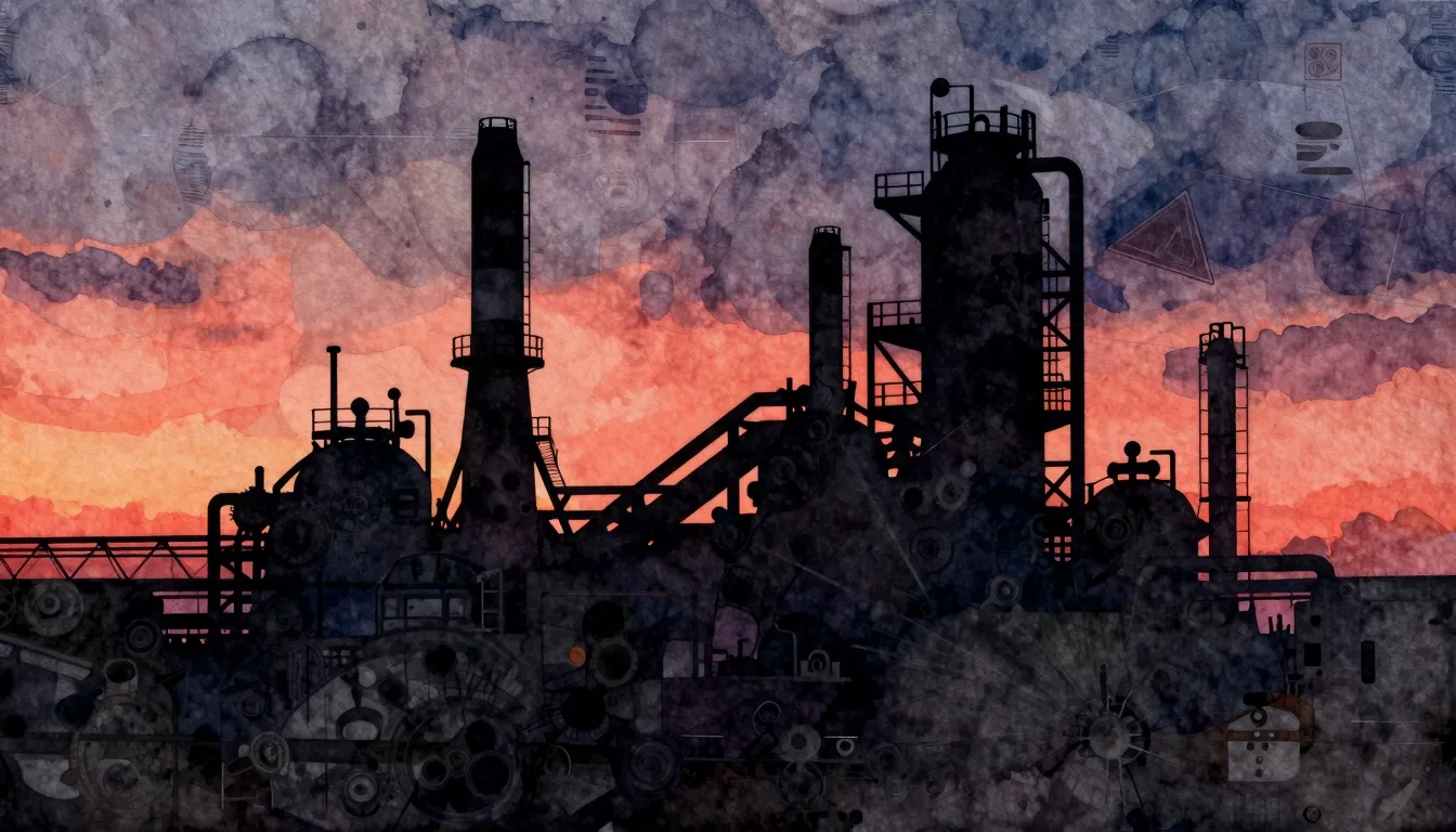 Watercolor style. Dark industrial factory silhouette against...