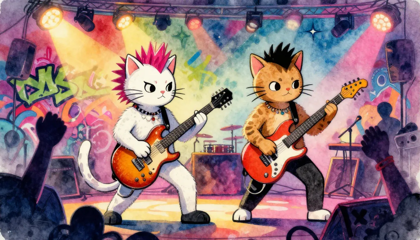 Vibrant watercolor style. Two punk-rock cats, one white and ...