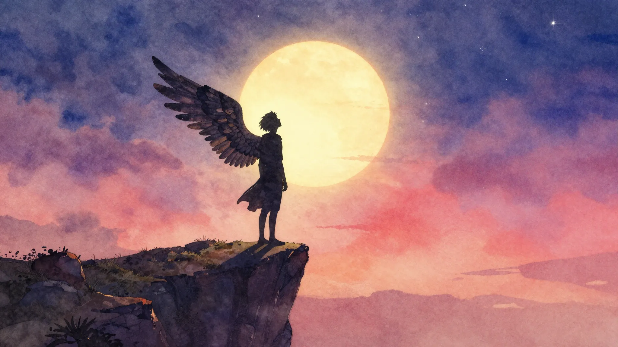 Vibrant watercolor style. A silhouette of a dreamer with lar...