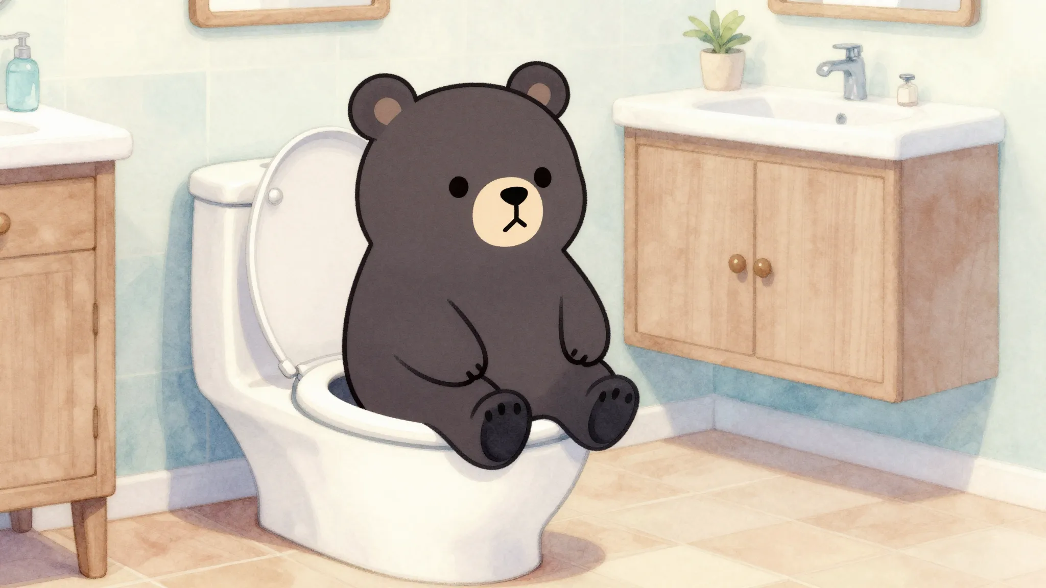 Watercolor style. Silhouette of a cute bear sitting on a sma...