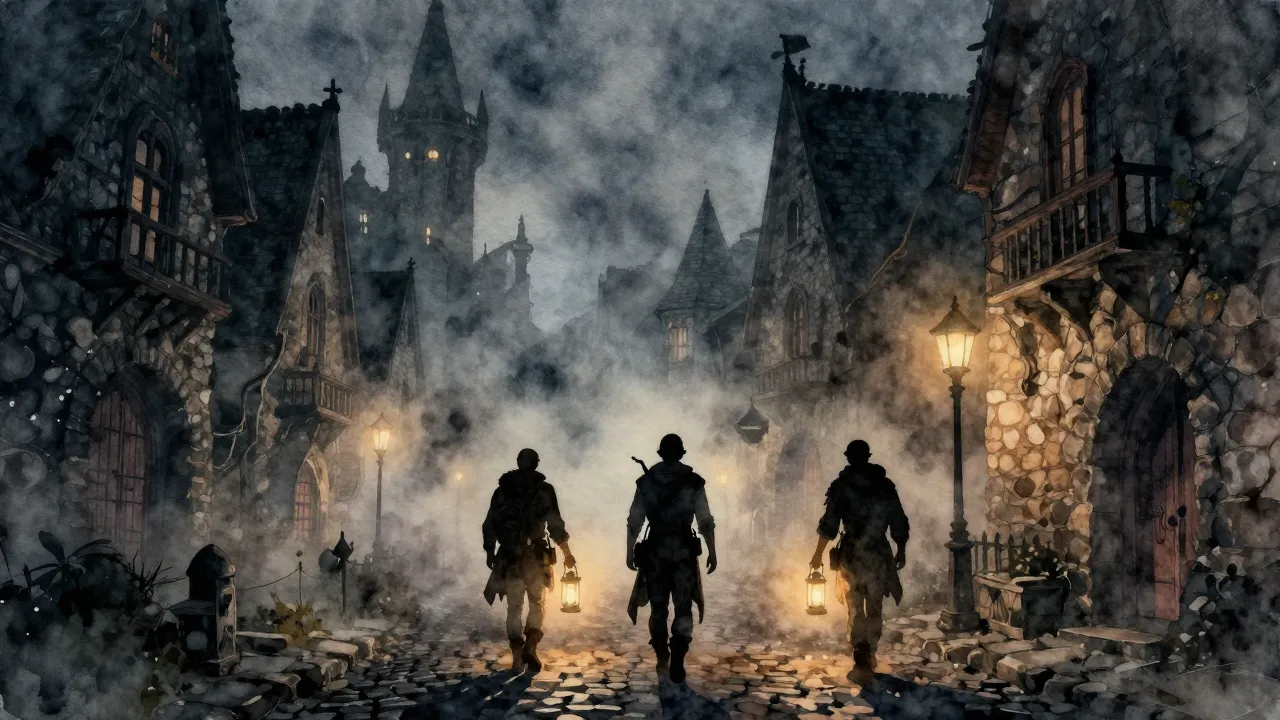 Watercolor style. A dark fantasy city at night, thick fog, s...