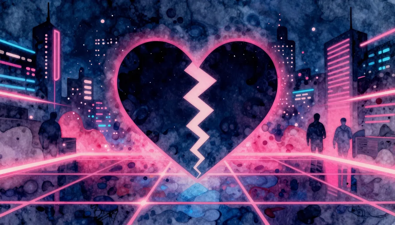 Watercolor style. Neon city lights, dark silhouette of a bro...
