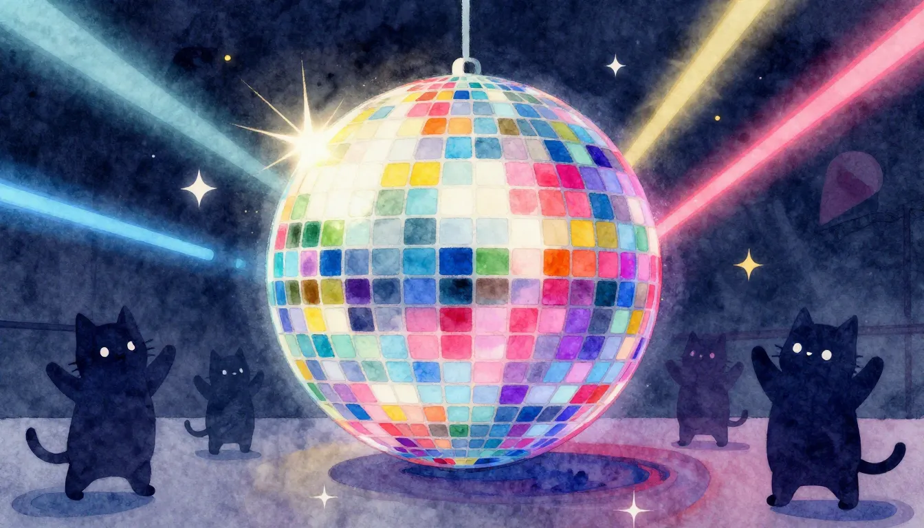 Watercolor style. Colorful disco ball shining in a dark room...