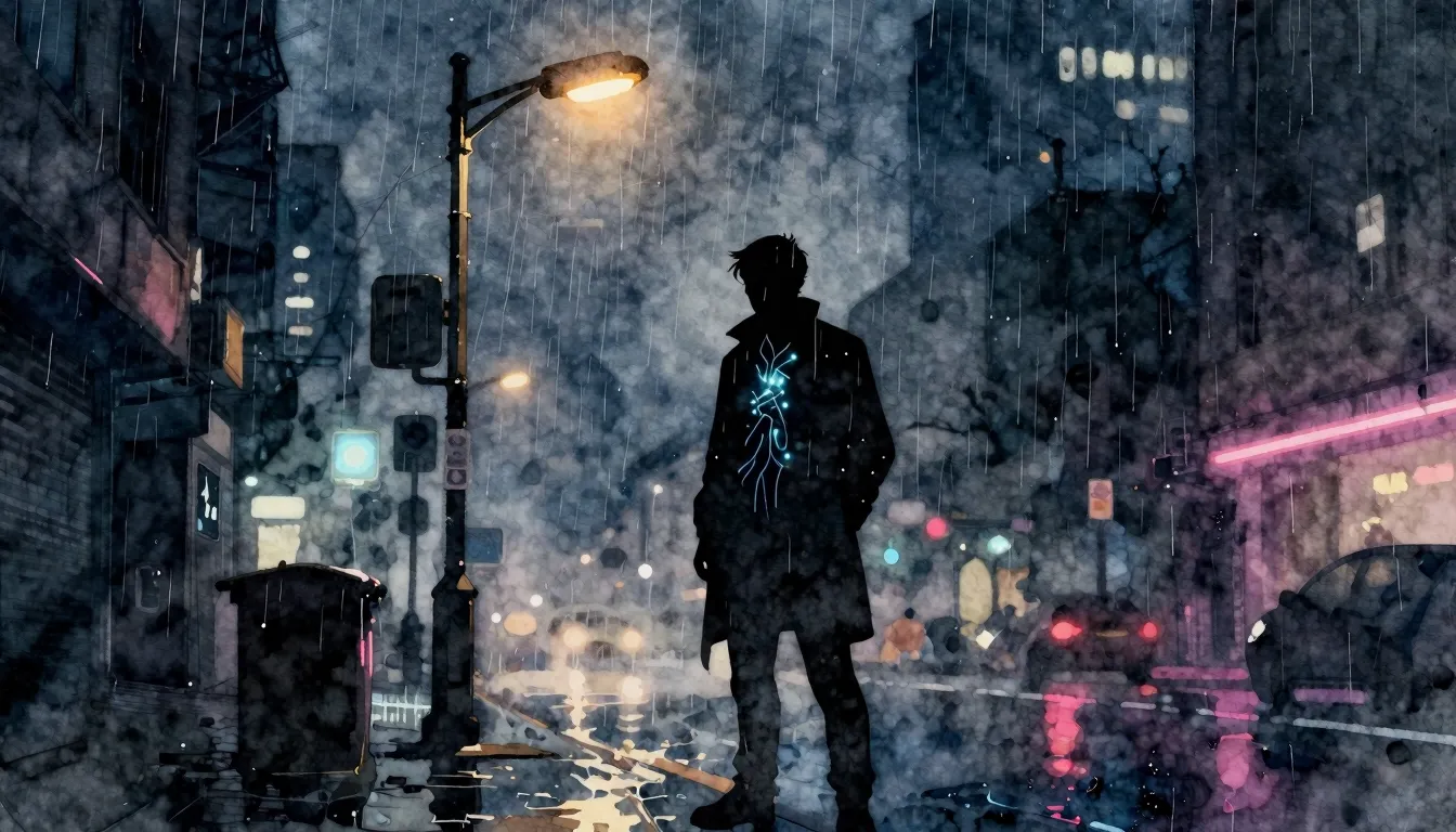 Watercolor style. Cyberpunk city street at night, dark silho...