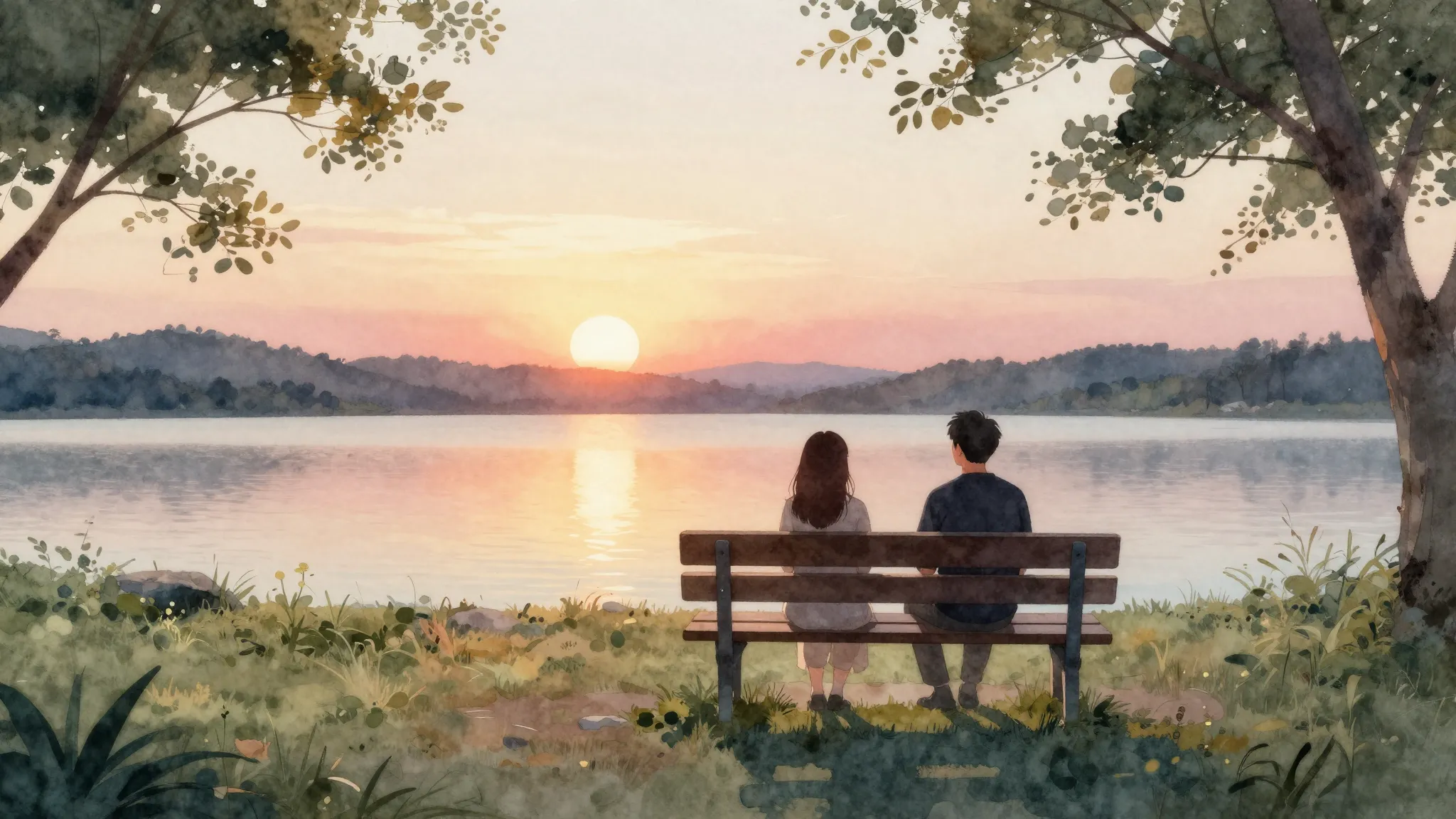 Watercolor style. A serene landscape with two silhouettes si...