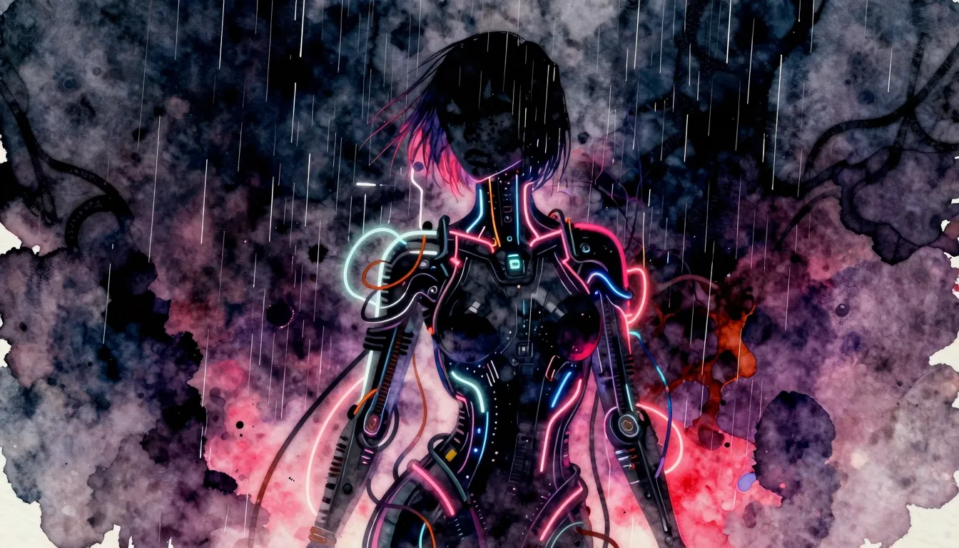 Vibrant watercolor style. Cyberpunk aesthetic, a sleek silho...