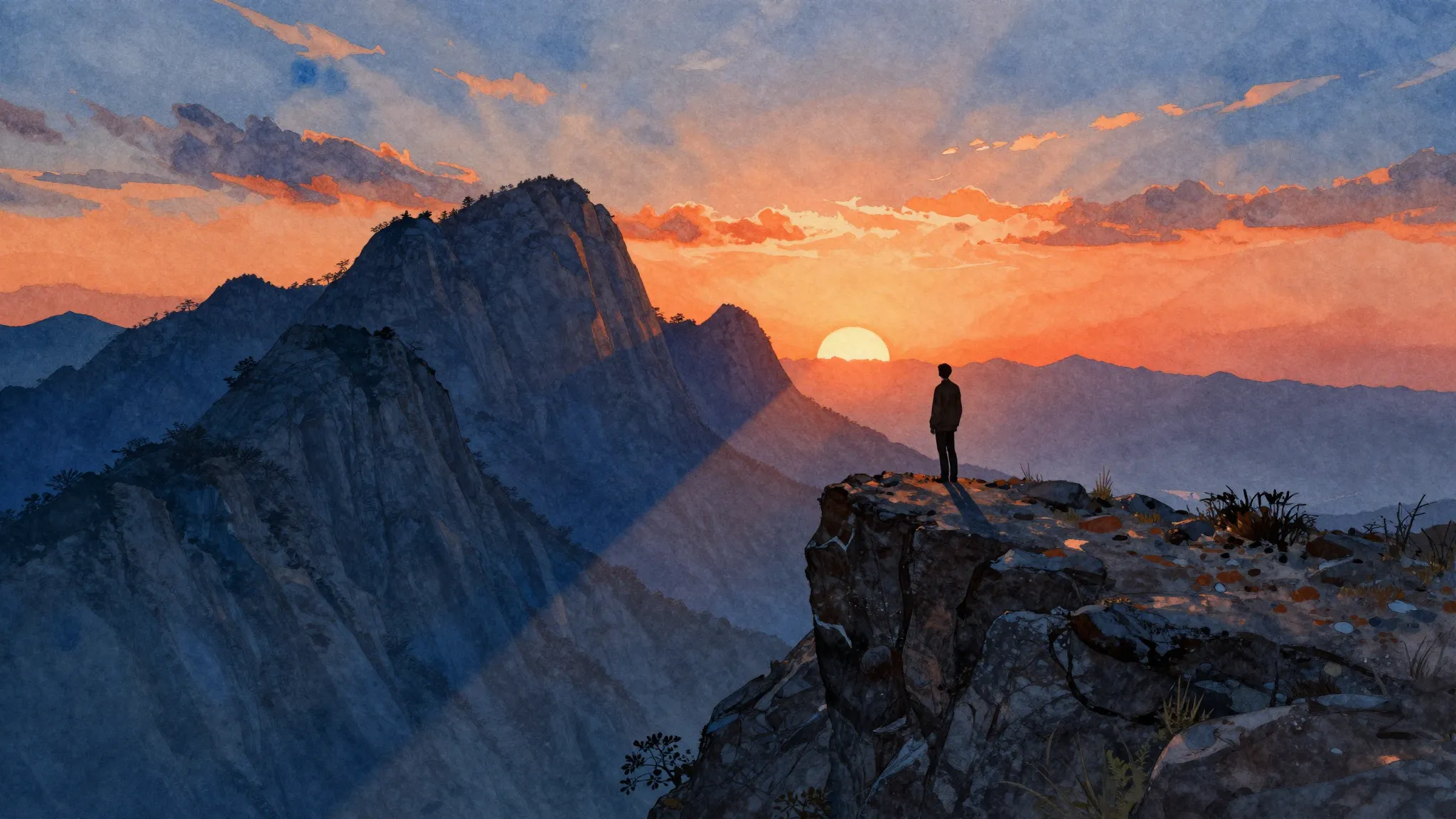 Vibrant watercolor style. Dark rock album cover, sunset behi...