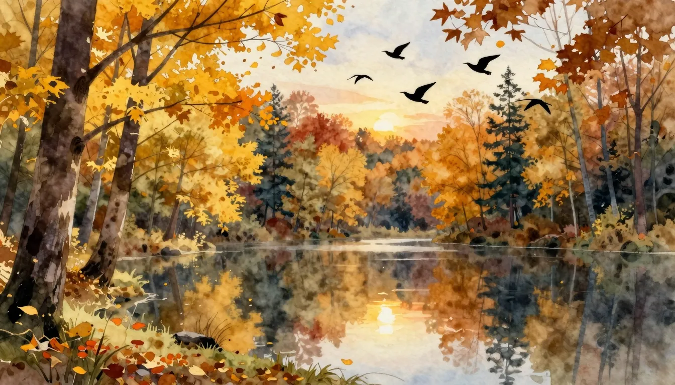 Watercolor style. A beautiful autumn forest with falling yel...