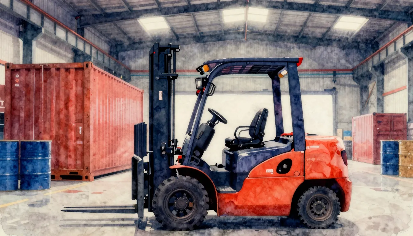 Watercolor style. Silhouette of a forklift in an industrial ...