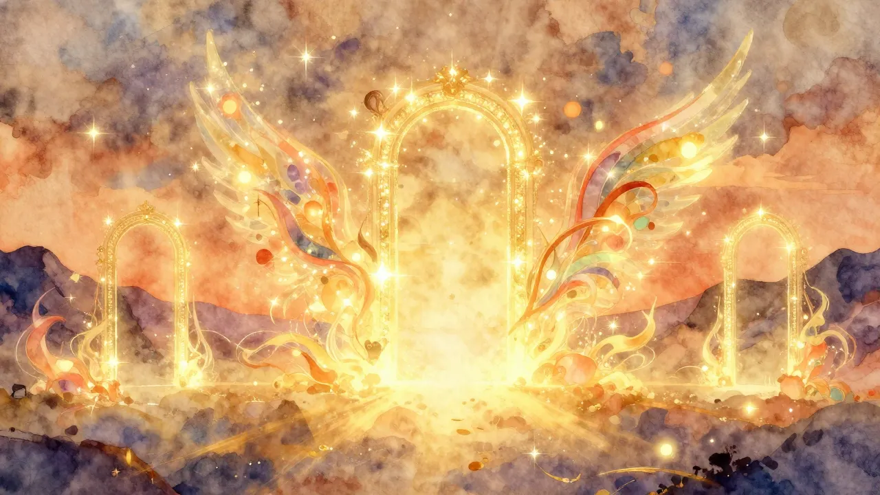 Watercolor style. A surreal landscape with glowing golden li...