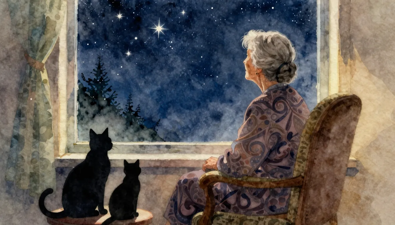 Watercolor style. Silhouette of an old woman sitting in a co...