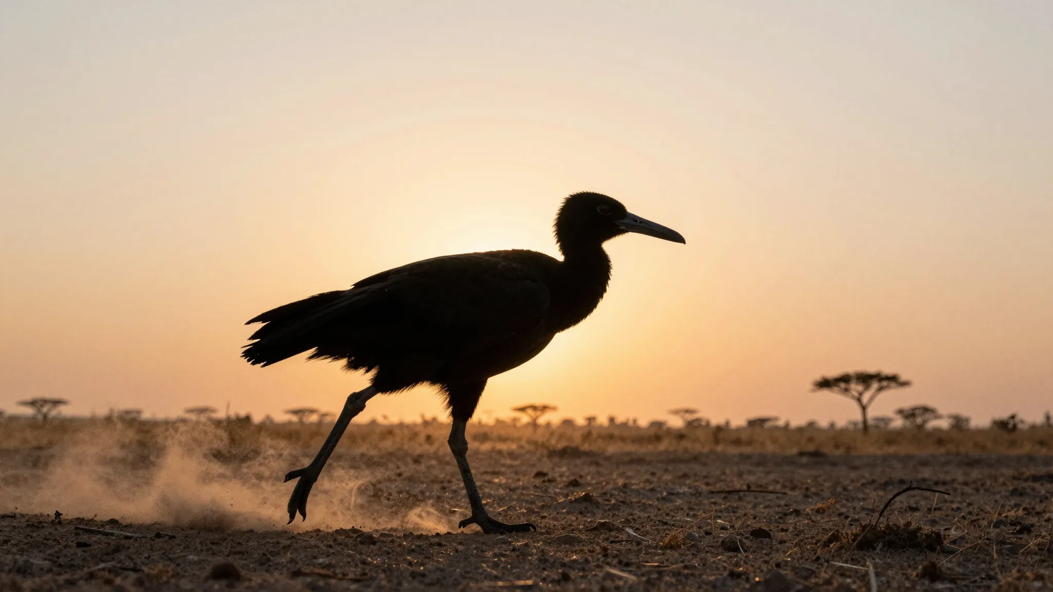 Watercolor style. Silhouette of a large running bird in an o...