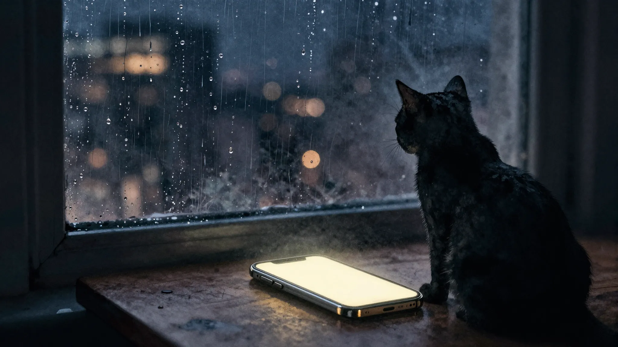 Watercolor style. A dark room with a glowing smartphone on a...