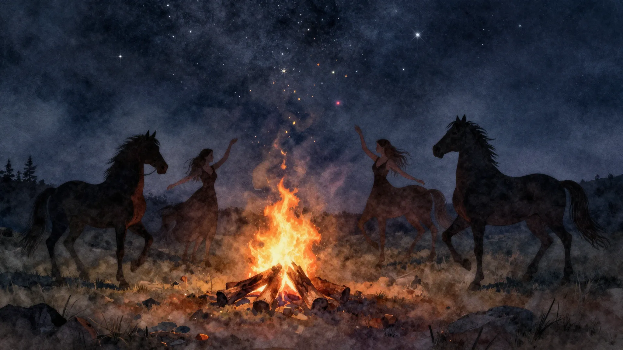 Watercolor style. Silhouettes of horses and dancing women ar...
